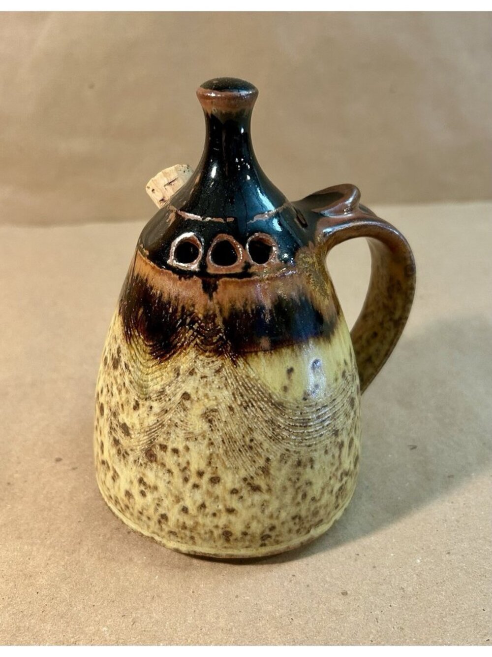 Studio Pottery Shaker w/Cork and Handle- Signed-5.5" x 3.75"- Brown Speckled